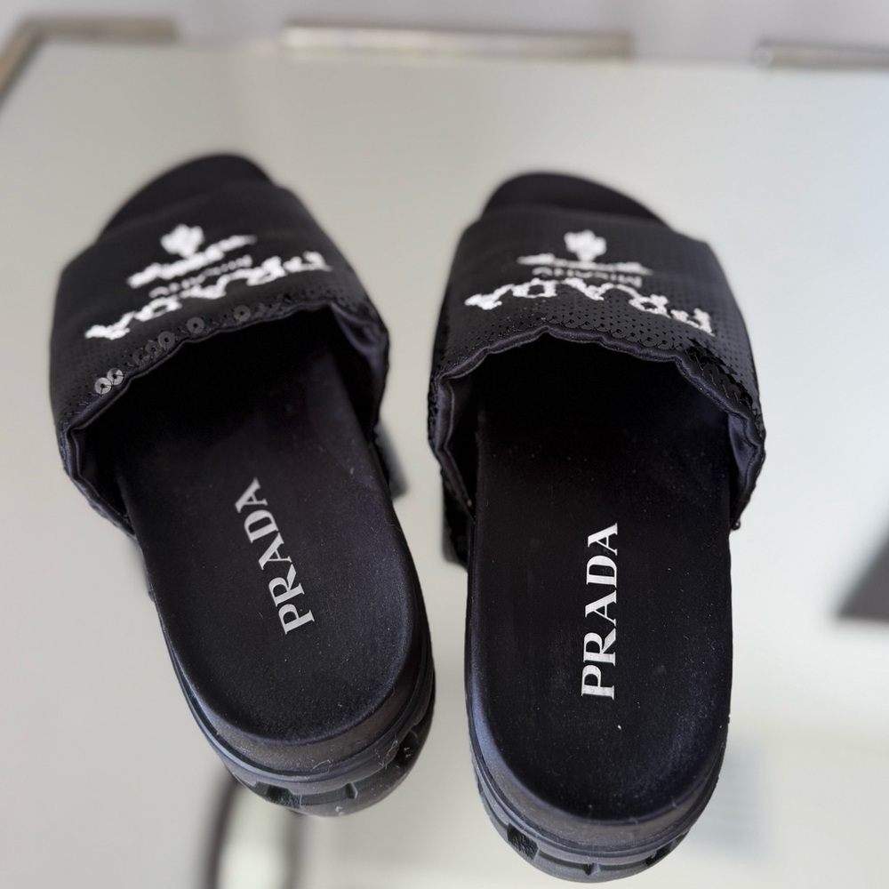EUC Prada Black Paillettes Sequin Logo Slide Sandals 36 - Picture 4 of 7